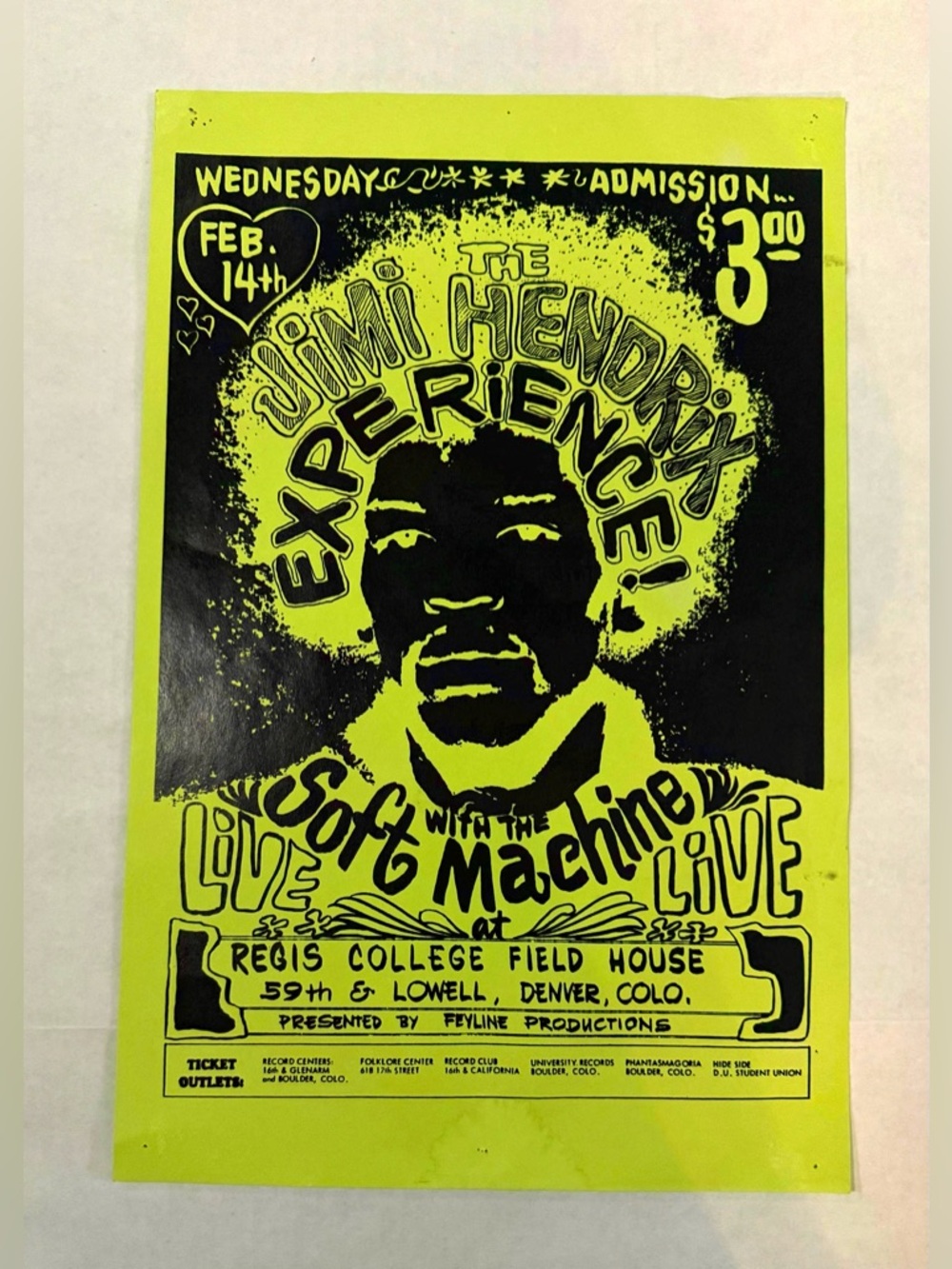 1968 Jimi Hendrix Experience Concert Mini Poster, Denver- Reproduction 11x17